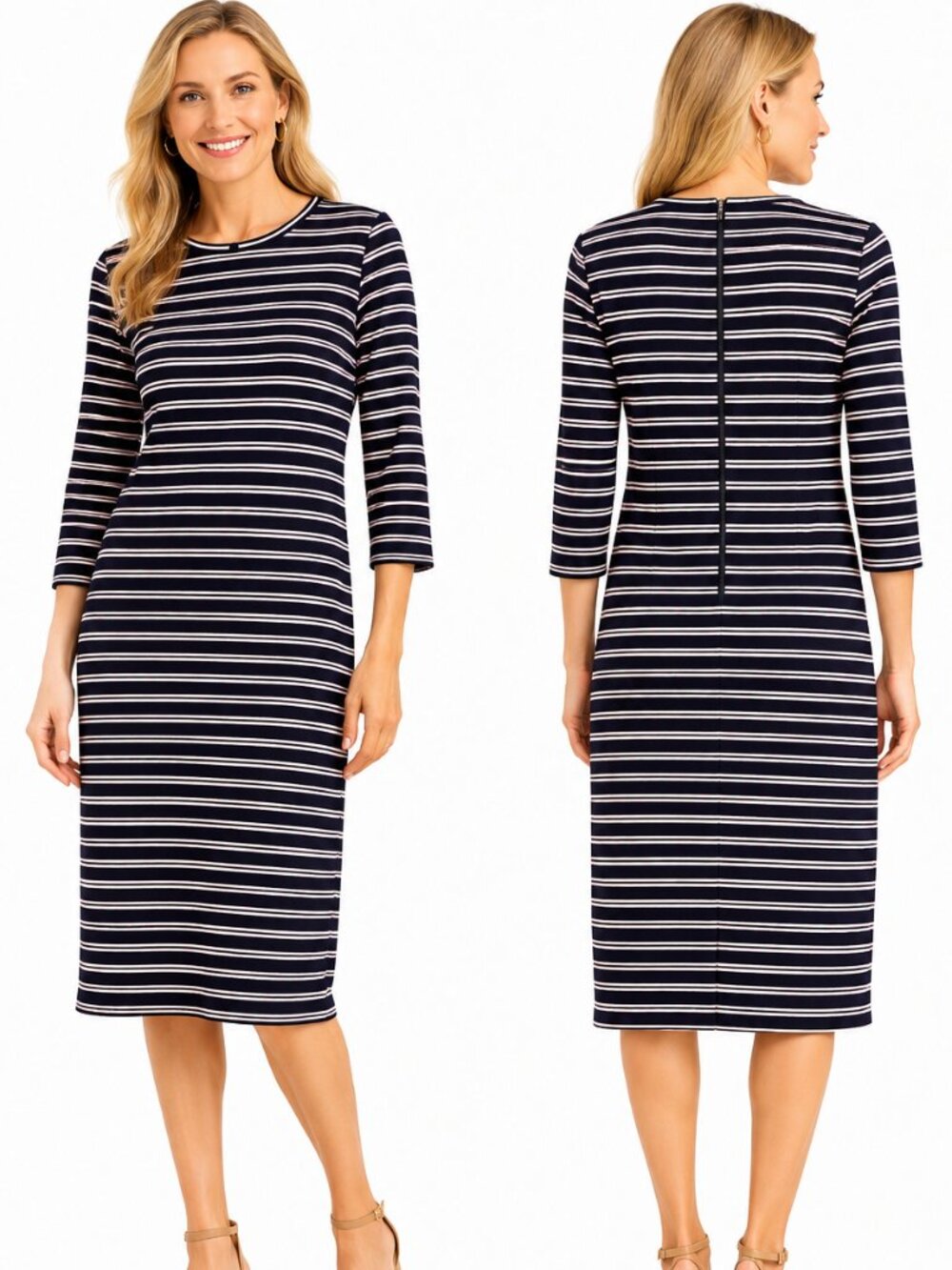 Ann Taylor Black White Striped Midi Sheath Dress 3/4 Sleeve Career Size M